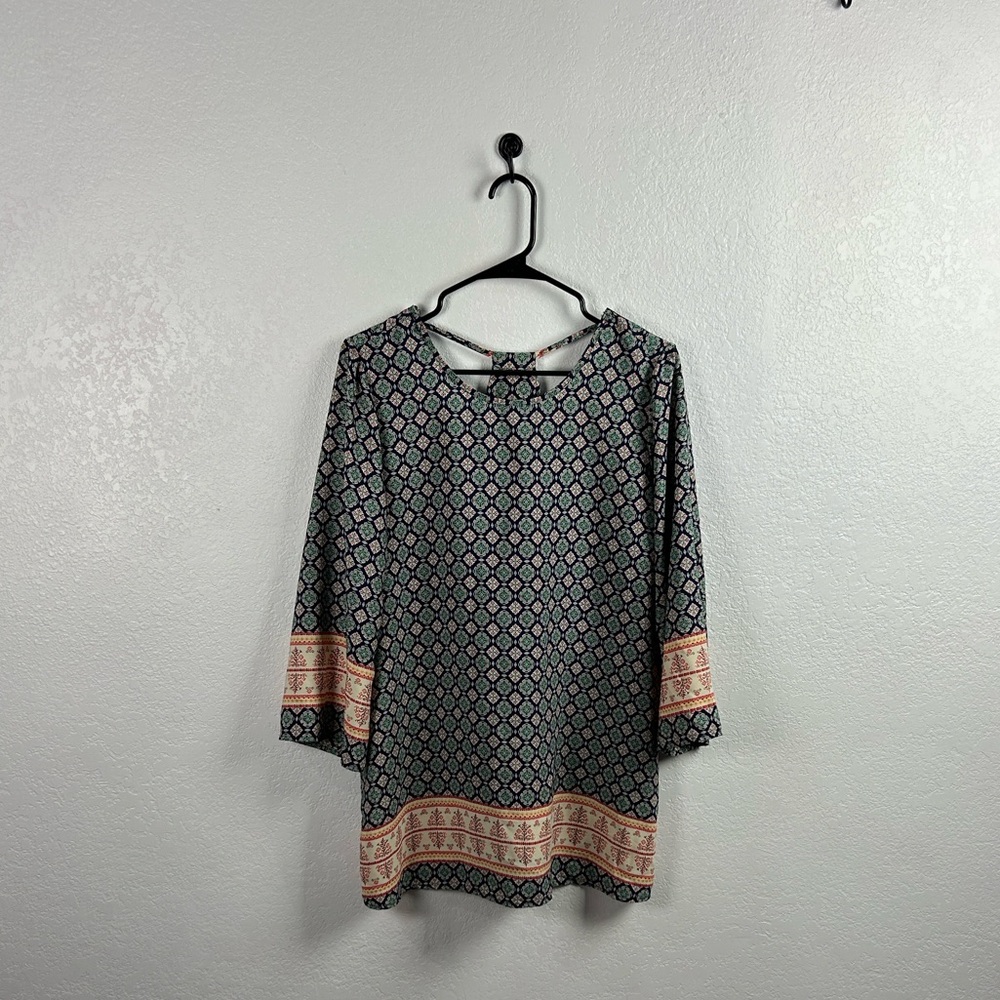 The Impeccable Pig Women’s Navy Tan Geometric Blouse Pull over Sz L Effortless